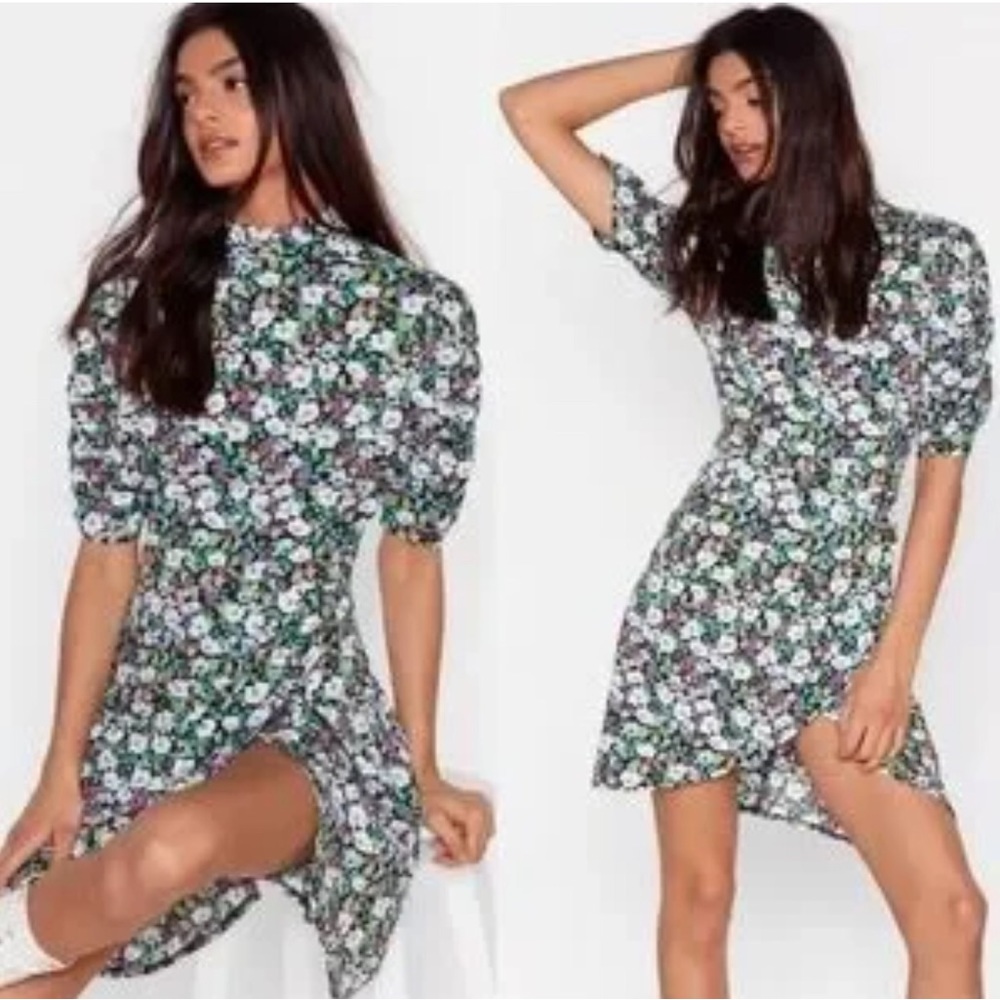 MUST GO PRICING Nasty Gal Gray Floral Print Puff Sleeves & Mock Wrap Skirt 0